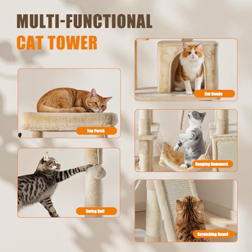 Image of Sweetcrispy 63 inch Cat Tree Tower, Large Multi Level Cat Climbing Tower with Condo, Natural Sisal Scratching Posts, Extended Platform, Hammock, Pet House for Indoor Cats and Kittens Play, Beige