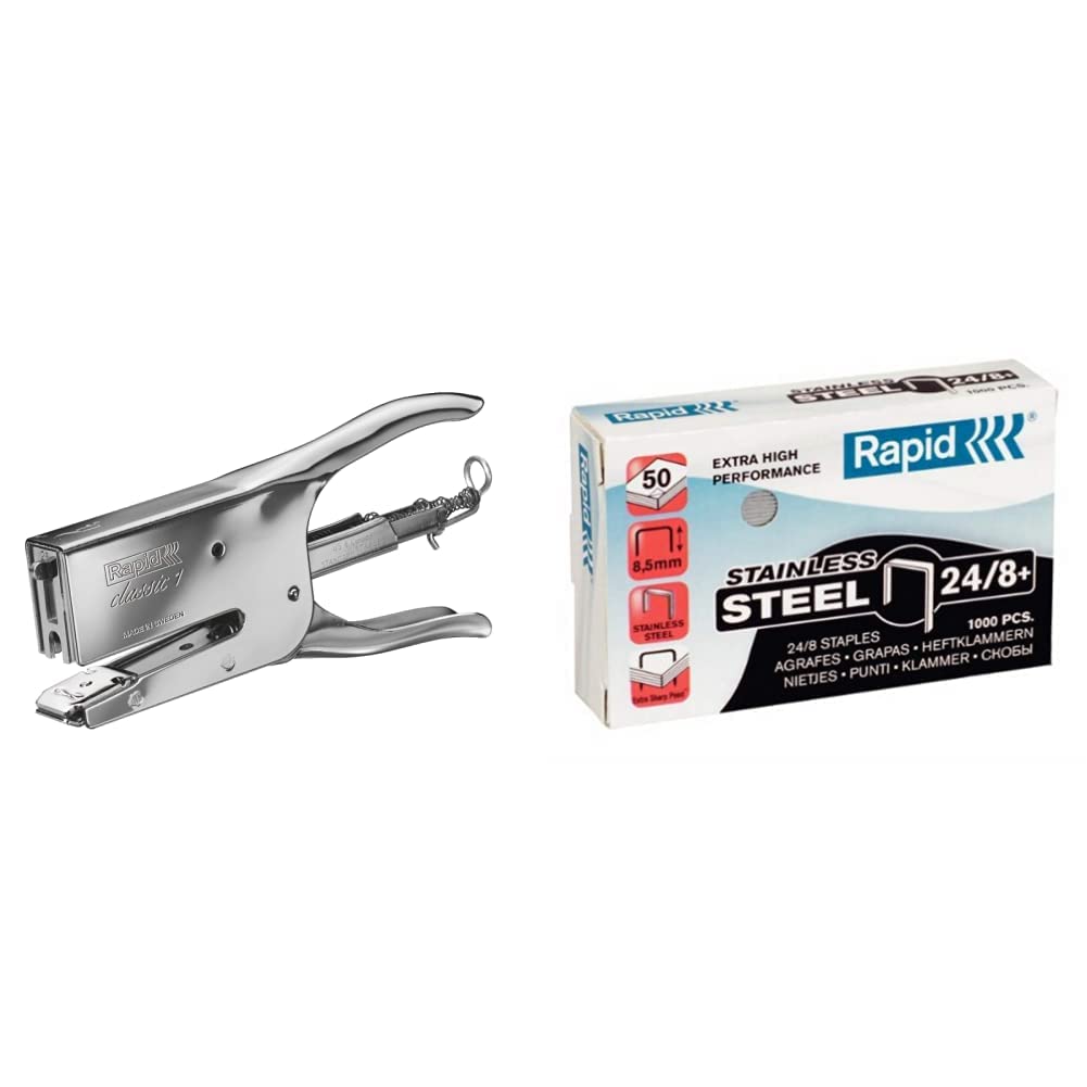 Rapid 10510601 Heftzange K1 (Metall, Heftleistung 50 Blatt, Heftklammerntyp 24) chrom & 24858300 Heftklammern 24/8mm Super Strong, rostfrei, 1000 Stück