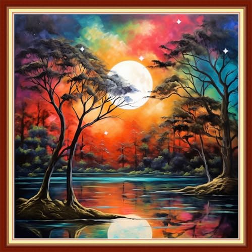 Image of Disxvivy Cross Stitch Stamped Full Embroidery Kits DIY 11CT Cotton Thread Printed DIY Needlepoint Kits Craft Needlework Set Cross-Stitch Stamped Sets-Moonlit Night 18x18 inch