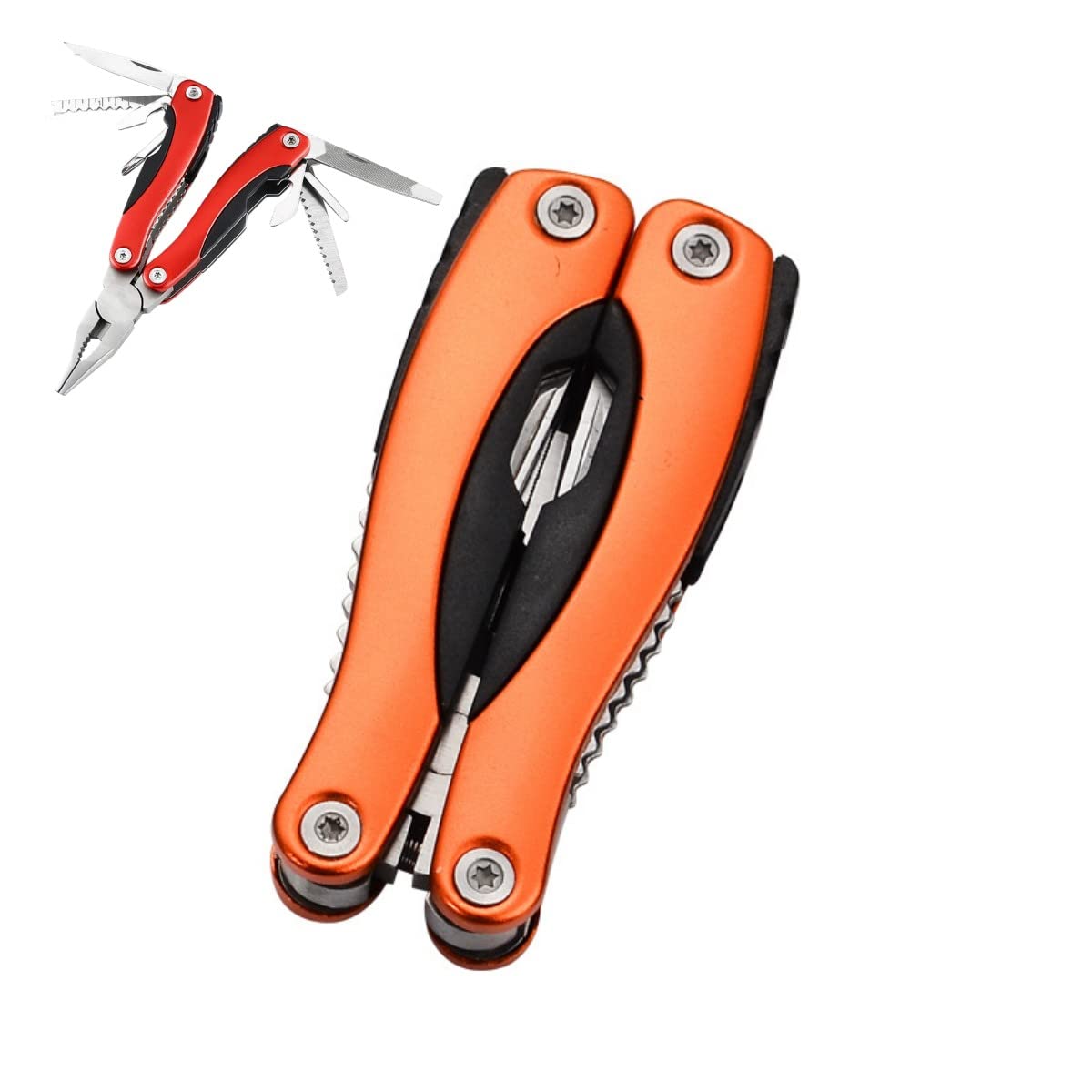 Alicates plegables multifunción 9 en 1, con asas de acero inoxidable y aluminio, herramienta multifunción de supervivencia al aire libre, regalo genial para hombres (10 x 4.3 cn) (naranja)