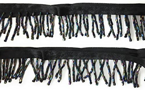 1" Long Multicolor AB Black Bugle Beaded Fringe Trim by 2 or 10 -Yards (1" AB Black Bugle -2 Yards)