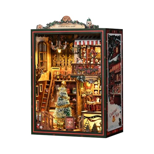 dijiusidy Christmas Book Nook Kit, 3D Puzzle Book Nook Bookshelf Decor with Lights and Music, DIY Christmas Miniature House Booknook Kit for Adults and Teens