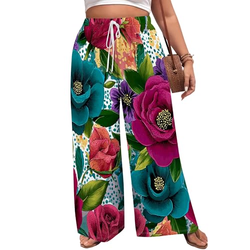 Women's Summer Plus Size Fashion Casual High Waisted Palazzo Long Pants Elegant Simple Beach Drawstring Trousers