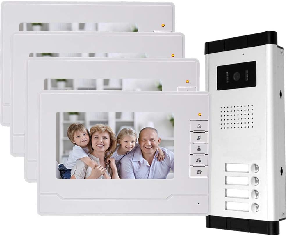 uoweky 7 TFT-LCD Wired Video Intercom with 4 Indoor Monitors Video Intercom + 700TVL High Resolution IR Night Vision Camera for Multiple Apartments/Families