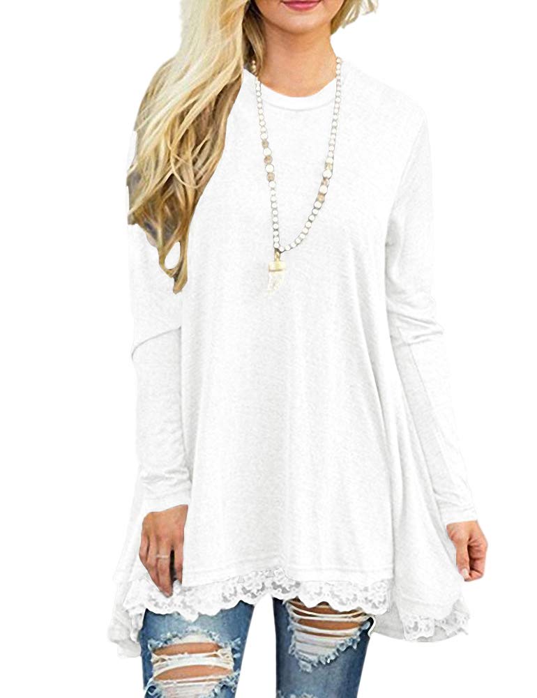 AfibiWomen Lace Long Sleeve A-line Swing T-Shirt Loose Tunic Top Blouse