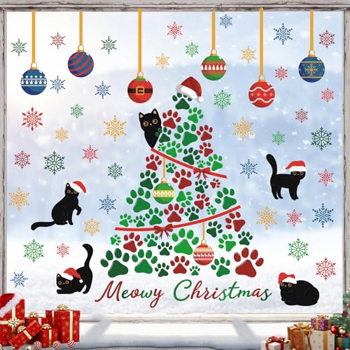 TOARTI Autocollants Fenetre Sapin de Noël Coloré Stickers Fenetre Chat Noir Décoration Clochettes Autocollant Fenêtre Stickers pour DIY Nativité Deco...