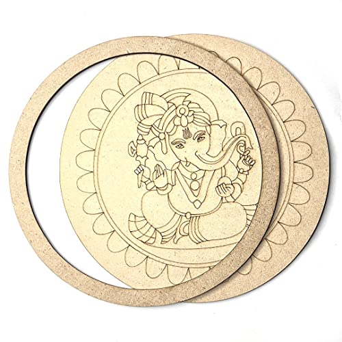 Image of Adikala MDF Ganpati Ji Engraved Design Wall Plate Base With Frame Cutout For DIY Craft-Set Of 2