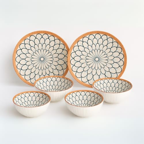 Image of YELONA Japanese Style Ceramic Dinnerware Set of 6 (4 Bowls + 2 Plates) | 11.5cm Bowls (300ml), 20.5cm Plates - Floral Design | Microwave & Dishwasher Safe | Rustic Modern Kitchen Crockery