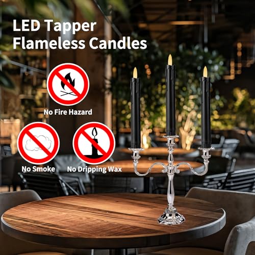 Image of YBU Flameless Taper Candles with Remote 7 Inches Led Candle Sticks with Flickering Light Timer Dimmer Battery Operated Window Candles for Halloween Christmas Decoration (Black)
