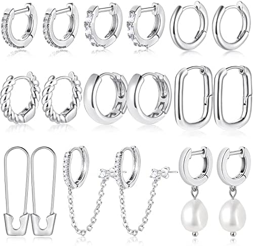9 Pairs Small Gold Hoop Earrings for Women, Silver Plated Lightweight Cartilage Earring Set, Hypoallergenic Huggie Hoop Earrings for Gift