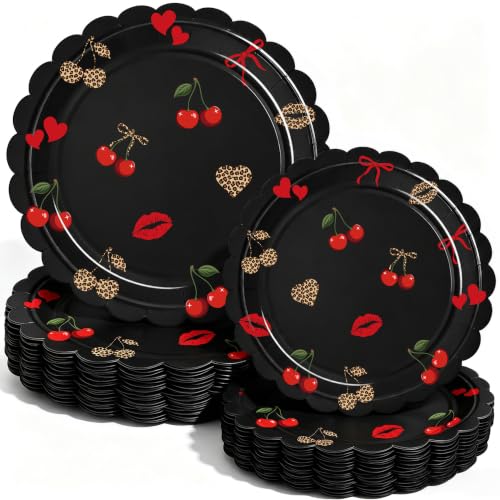 JCTHKUKU 48 Pcs Leopard Print and Cherry Scalloped Paper Plates, Disposable Dinner and Dessert Plates, 9 Inch and 7 Inch Party Supplies for Girls Birthday, Bridal Shower and Bachelorette Party