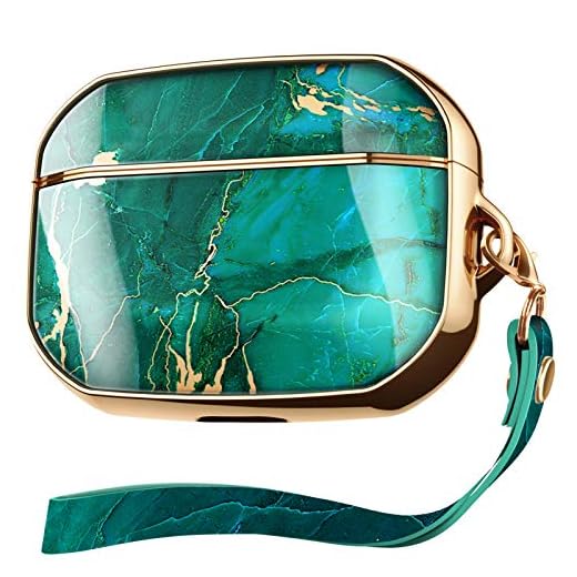 GVIEWIN Aurora Series AirPods Pro Case, Stylish Marble Full Body Protective Hard Shell Women Cute Cover with Wrist Strap for AirPod Pro Charging Case 2019 [Front LED Visible] (Green/Gold)