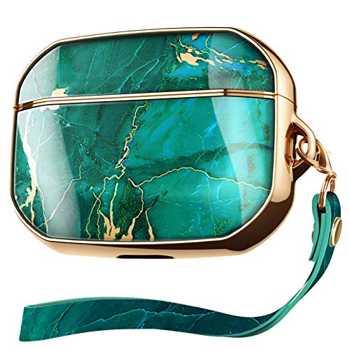 GVIEWIN Aurora Series for AirPods Pro Case, Stylish Marble Full Body Protective Hard Shell Women Cute Cover with Wrist Strap for AirPod Pro Charging Case 2019 [Front LED Visible] (Green/Gold)