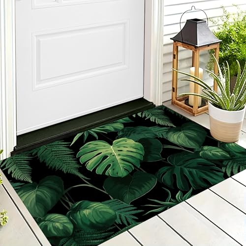 Felpudo de entrada casa interior de 90x150 cm lavable con estampado de hojas verdes 3