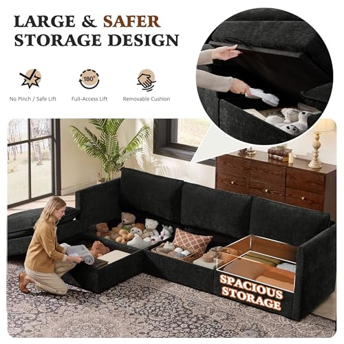 Image of Ihanherry 103 inch Modular Sectional Sofa with Storage, L Shaped Cloud Couch with Movable Ottomans & 4 Pillows, Chenille Deep Seat Sectional Couches for Living Room, Apartment (Black)