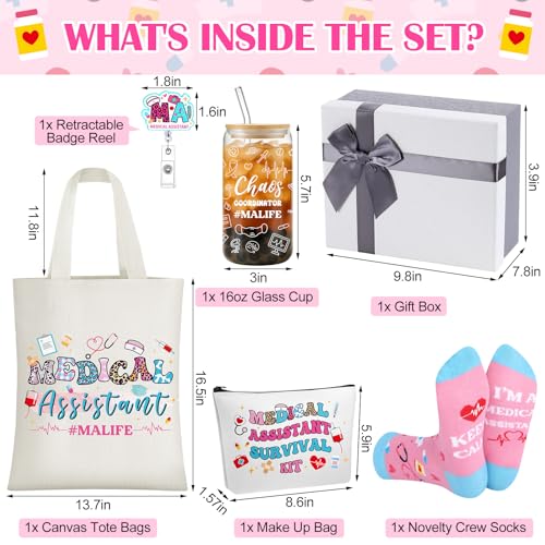 6 Pcs Medical Assistant Gift Set for Women Canvas Tote Bag Cosmetic Bag 16oz Glass Cup Pink Glitter Badge Reel Novelty Socks Unique Appreciation Gifts for Medical Assistants Week2