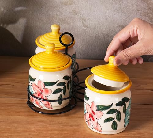 Image of Niyara Handcrafted Ceramic Pickle Jar Set, Premium Metal Tray & Lids - Multipurpose Storage for Pickles, Chutneys, Spices & Condiments (Set of 3 with metal tray, 300 ml, flower design)