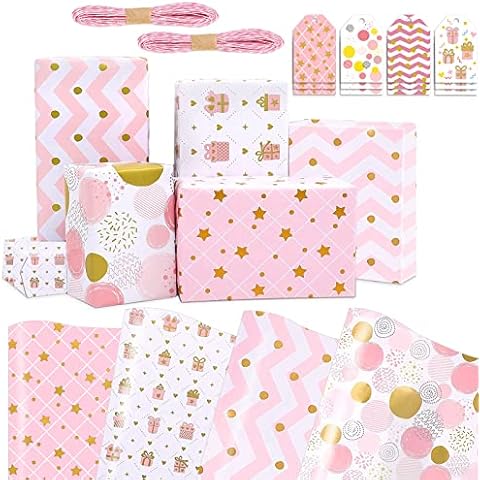 Jatidne 12 Sheets Pink Wrapping Paper with Matching Tags Girls Wrapping Paper Birthday Recyclable Gift Wrap Cover