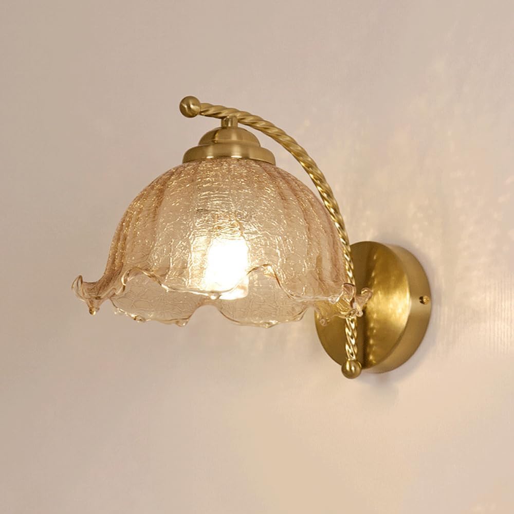 SXSCARKX Modern Light Luxury Gold Bathroom Wall Fixtures With Amber Glass Mid Century Sconce Flower Shade Hallway Lighting Antique Farmhouse Bedside Mount Lamp For Girls Bedroom