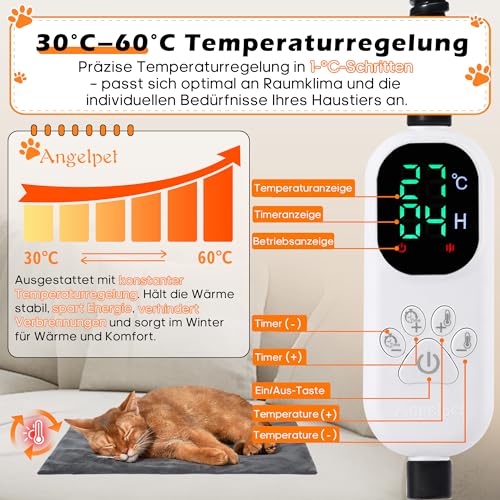 Angelpet Haustier Heizkissen XL 60x90cm – Heizdecke für Hunde & Katzen, 30–60 ℃ Temperatur & 14 Timer (0–12H/24H), Hunde Heizmatte mit Auto Screen-Off, bissfestem 1,8 m Kabel, 2 waschbaren Bezügen