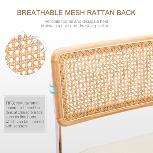 Image of Zesthouse Natural Rattan Dining Chairs Set of 4, Mid Century Modern Dining Chairs with Solid Wood Back & Chrome Base, for Kitchen Living Room, Breuer Design Inspired, Upholstered Linen Fabric, Beige