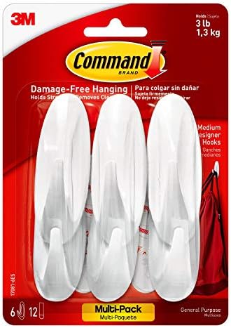 Command Designer Hooks, Medium, White, 6-Hooks (17081-6ES), Organize and decorate your dorm