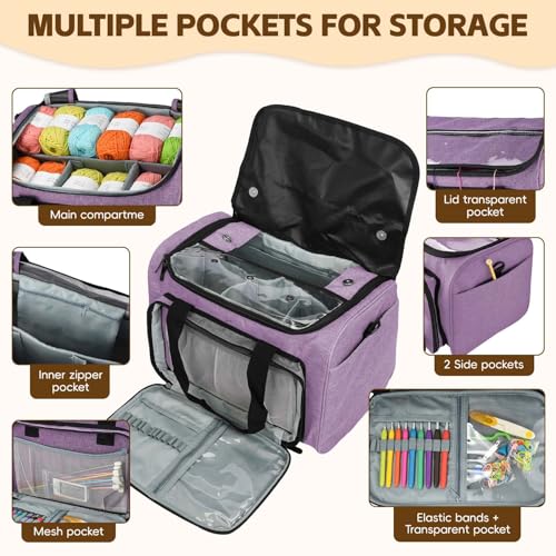 Image of Knitting Bag, Large Capacity Yarn Storage Organizer Tote Bag with Compartments and Pockets for Knitting Needles, Crochet Hooks, Knitting Project and Accessories, Bag Only, Purple