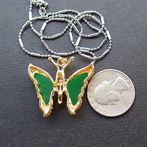 Yellow Gold Plate CHINESE Green JADE Pendant Butterfly Diamond Imitation 100790, 33mm X 23mm X 7mm