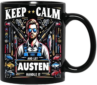 Keep Calm and Let Austen 11oz Black Mug Handle It Personamelized Name Coffee Mug Mugs Fishing Mug for Men Dad Papa Father Friends Fisherman Holiday Fishing Presents 11oz Black 261065