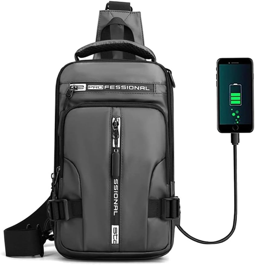 LIGHTNIING HAMMERZ Slim Sling Bag for Men Small Cross Body Bag for 8-inch iPad Water-resistant Chest Bag with Earphone Port Detachable Buckle Side Bag for Travel Outdoor Casual (Grey)