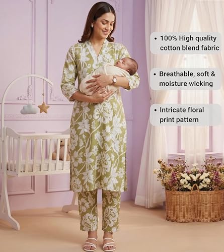 Image of DUMMY SHAPE Maternity Dresses for Women Cotton | Floral Kurta Pant Dupatta Set with Nursing Zippers, Side Pocket | Pre & Post Pregnancy | Feeding Kurti Suit | Baby Shower | Gifts for Pregnant Woman