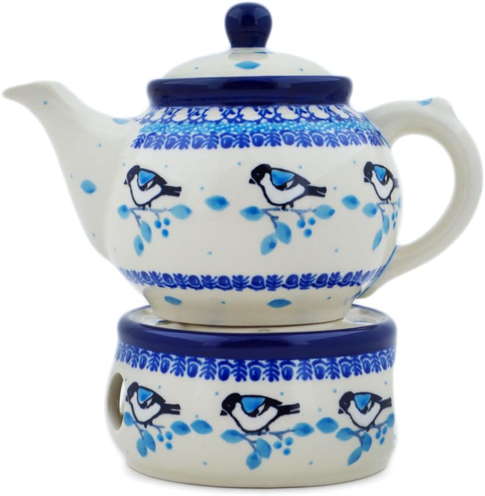 Polmedia Polish Pottery Tea or Coffee Pot with Heater - Winter Sparrow Pattern Handmade in Boleslawiec Poland by Ceramika Artystyczna + Certificate of Authenticity