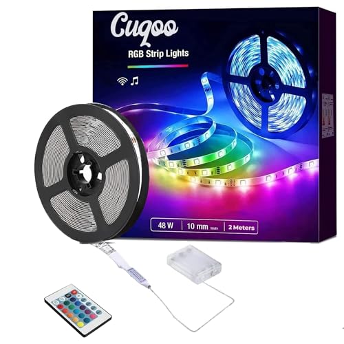CUQOO 2m Smart LED Strip Lights with Remote Control – Colour Changing, Music Sync LED Lights for Bedroom | Battery Powered RGB Led Strip Lights | Adjustable Brightness Light | Powerful Strip Light