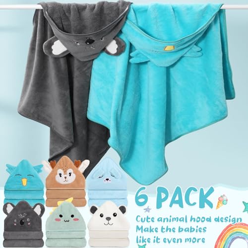 Image of SmoothNovelty 6 Pack Baby Hooded Towels Infants and Toddlers Coral Fleece Baby Bath Towels 31.5 x 31.5 Inch Absorbent Cute Soft Newborn Bath Essentials Gifts for Boys & Girls(Multicolor,Elegant)