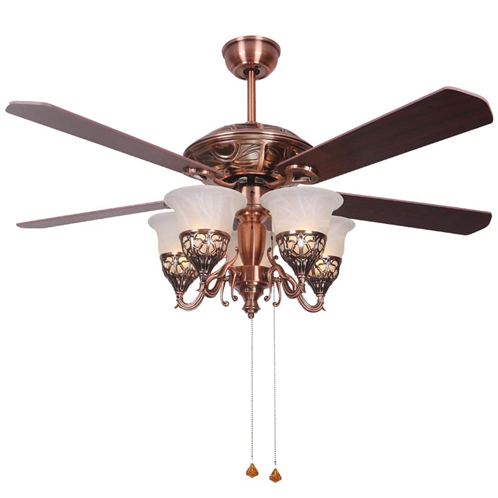 Ceiling Fan with Light American Ceiling Fan Lights with 5 Glass Lamps Pull Wire Remote Control Switch Metal Vintage Fan Chandelier，42"/48"/52" Ceiling Fan for Living Room Bedroom (Color : Brown) KKGGS