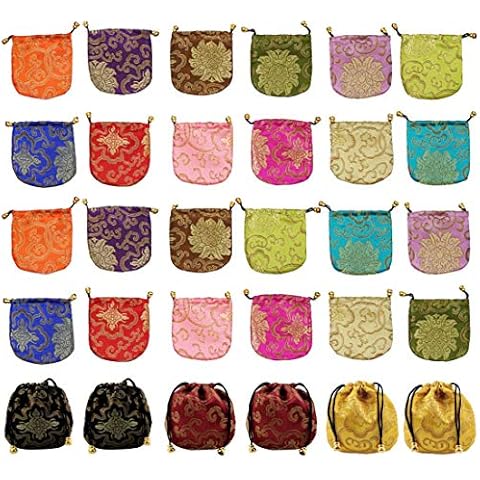 kilofly 30 pc Chinese Silk Brocade Drawstring Jewelry Bag Gift Pouch Value Set Cover