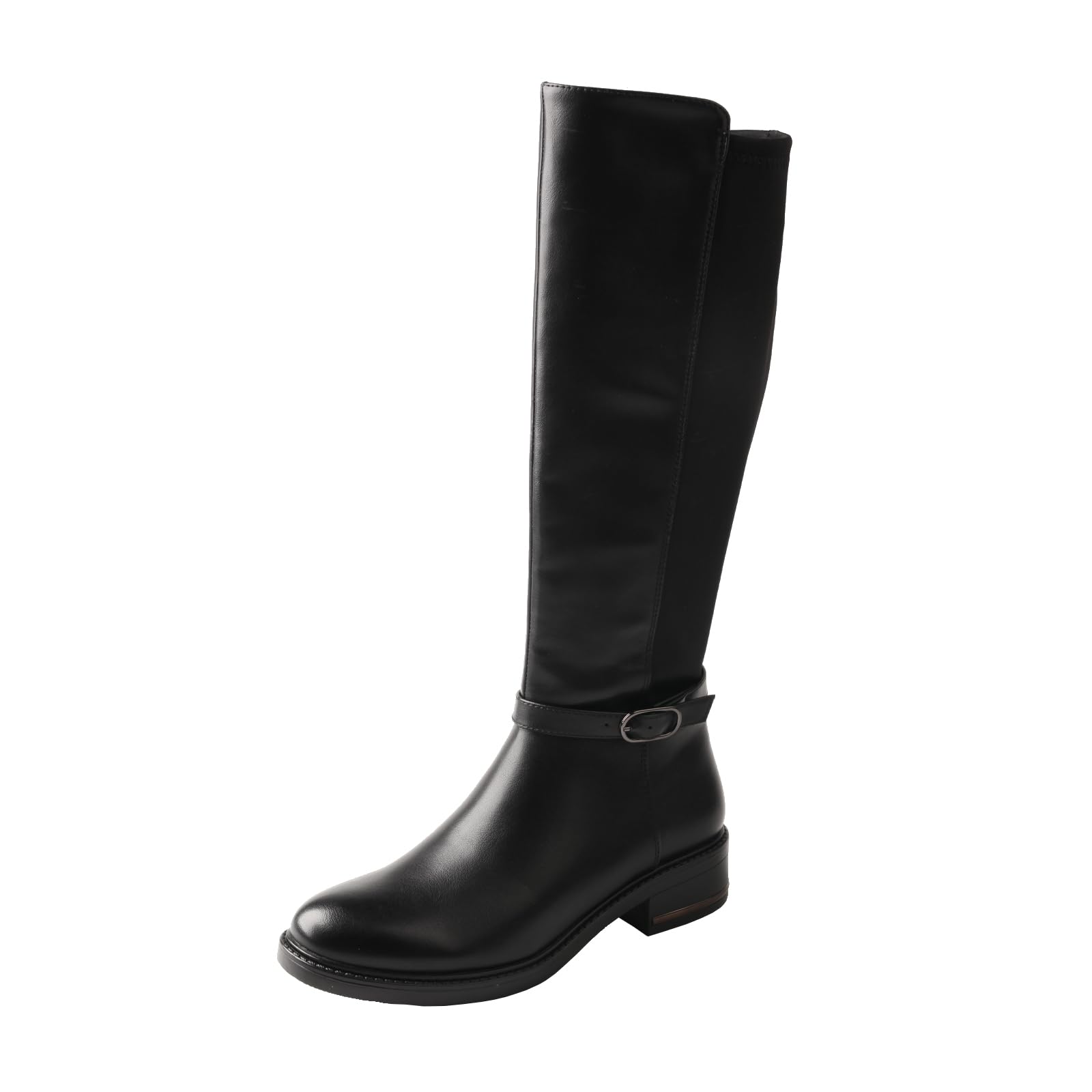 TMA EYES Damen schwarze kniehohe Leder Reitstiefel mit seitlichem Reißverschluss und niedrigem Absatz