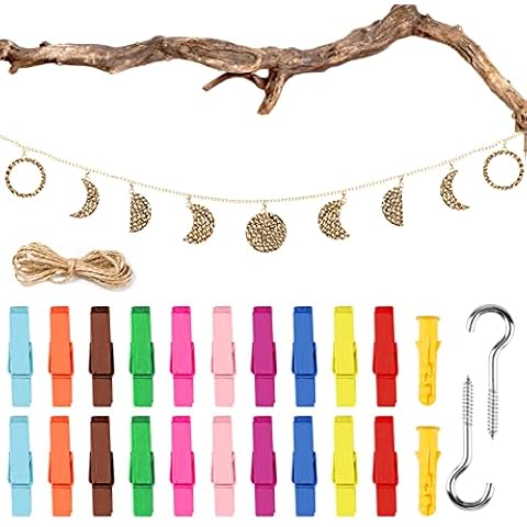 Moon Phase Wall Hanging Ornaments Boho Decor Wall Art Room Decor Aesthetic Bedroom with 20 Pcs Photo Clips Wall Hanging Decor for Wedding Home Room, Bedroom, Living Room Cover