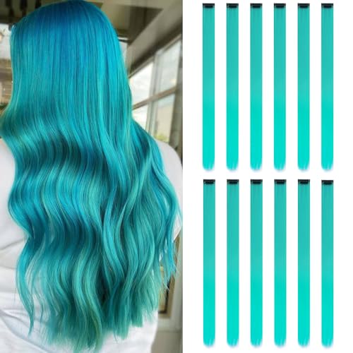 YISIKUNNUO 12PCS Colored Teal Blue Hair Extensions Party Highlights Colorful Clip in Hair Extensions 22 Inch Straight Synthetic Hairpieces for Women Kids Girls Halloween Christmas Cosplay (Teal Blue)