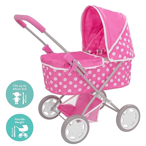 Dolly Tots Puppenwagen in Pink mit Polka-Dots | Kinder-Puppenbuggy mit klappbarem Verdeck & praktischem Stauraum | Reisesystem für Puppen | Zubehör & Spielzeug-Puppenwagen ab 3 Jahren – Bild 6