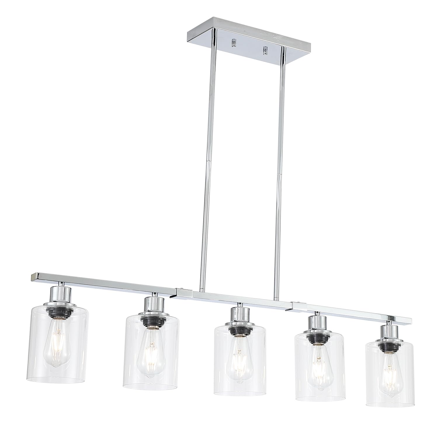 3WWWUEE 39.4" Kitchen Island Lighting, 5 Lights Clear Glass Pendant Light Fixtue, Chrome Linear Metal Chandelier for Dining&Living Room Foyer,Height Adjustable,E26 Socket