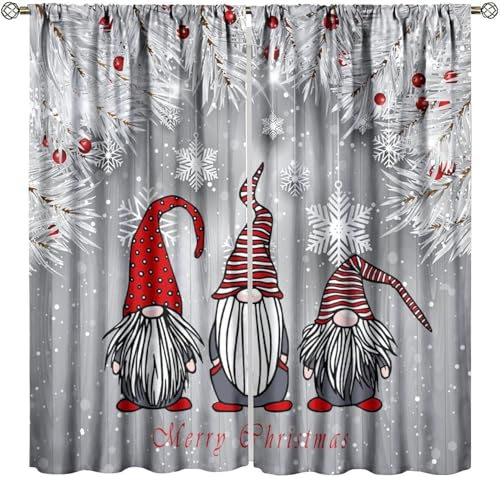Christmas Gnomes Window Curtain for Kids, Merry Xmas Ball Tree Window Treatments for Girls Boys Bedroom Kitchen Living Room, Silver Red Winter Drapes for Holiday Party Decor W42XL45" (Decor)
