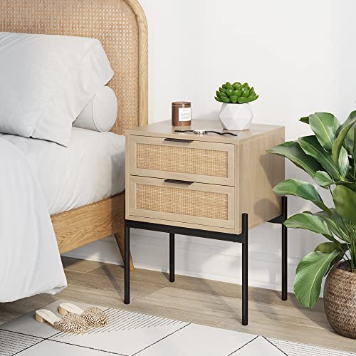 Nathan James Andrew Nightstand, Accent Bedside End Side Table With Storage Drawer, And Mid-Century Modern Legs For Living Room Or Bedroom, 1, Oak/Cane/Gold #TOP2