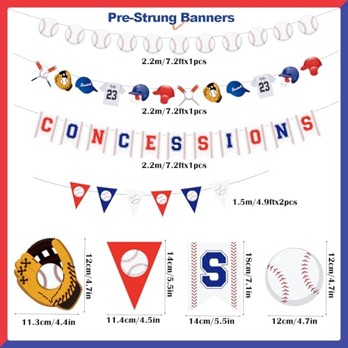 Image of Pre-Strung Baseball Party Decorations with Concessions Banner, Sports Themed Birthday Supplies, Triangle Bunting Pennant Flag