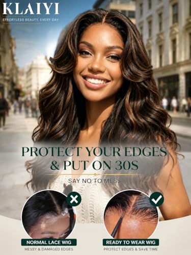Image of KLAIYI Pre everything 13x4 Lace Frontal Yaki Straight Ombre Chestnut Brown Highlight Loose Body Wave Human Hair Wig Drawstring Bang Glueless Ready to Wear and Go Wig Pre Plucked Bleached Knots 26Inch
