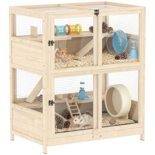 PawHut Wooden Hamster Cage, 4 Tier Small Animal Cage with Mesh Flip Roof, Pull-Out Tray, Huts,...