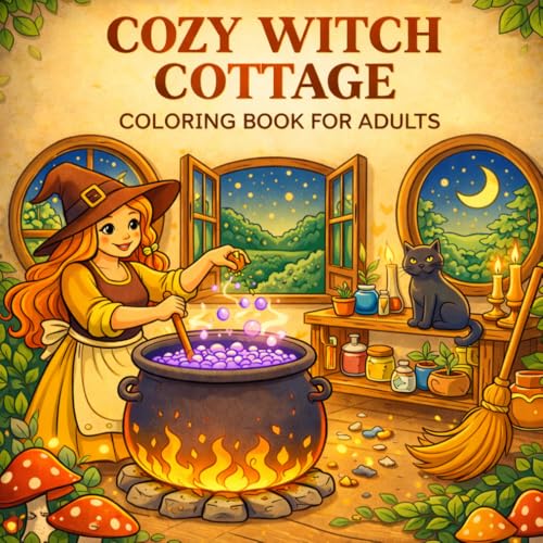 Cozy Witch Cottage Coloring Book for Adults: Bold & Easy Magical Forest Scenes, Cottagecore Vibes, Mushrooms, Cats & Relaxing Wi