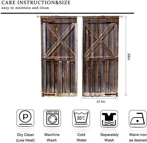 Riyidecor Rustic Wooden Barn Doors Kitchen Curtains Farmhouse Country Rod Pocket Farm Woods Retro Brown Western Old Printed Living Room Bedroom Window Drapes Treatment Fabric 2 Panels 27.5 X 39 Inch #TOP5