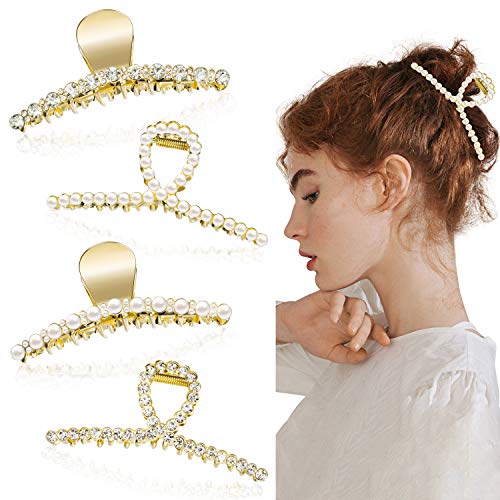 PANTIDE 4 Packs Vintage Pearl Metal Rhinestone Hair Claw Clips Large Size Non-Slip Strong Hold Imitation Pearl Hair Jaw Clips Clamp Clips Hair Clasps Barrettes Accessories for Women Ladies Girls