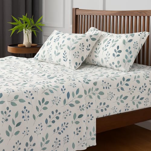 Image of King Size Bedsheet - Tranquil Green Petals Design - 108 x 108 Inches - Brushed Microfiber Flat Sheet with 2 Pillow Covers - Cooling, Wrinkle-Free & Fade-Resistant
